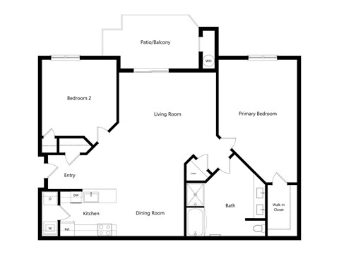 Floor plan for 2 beds, 1 bath, 932 sqft